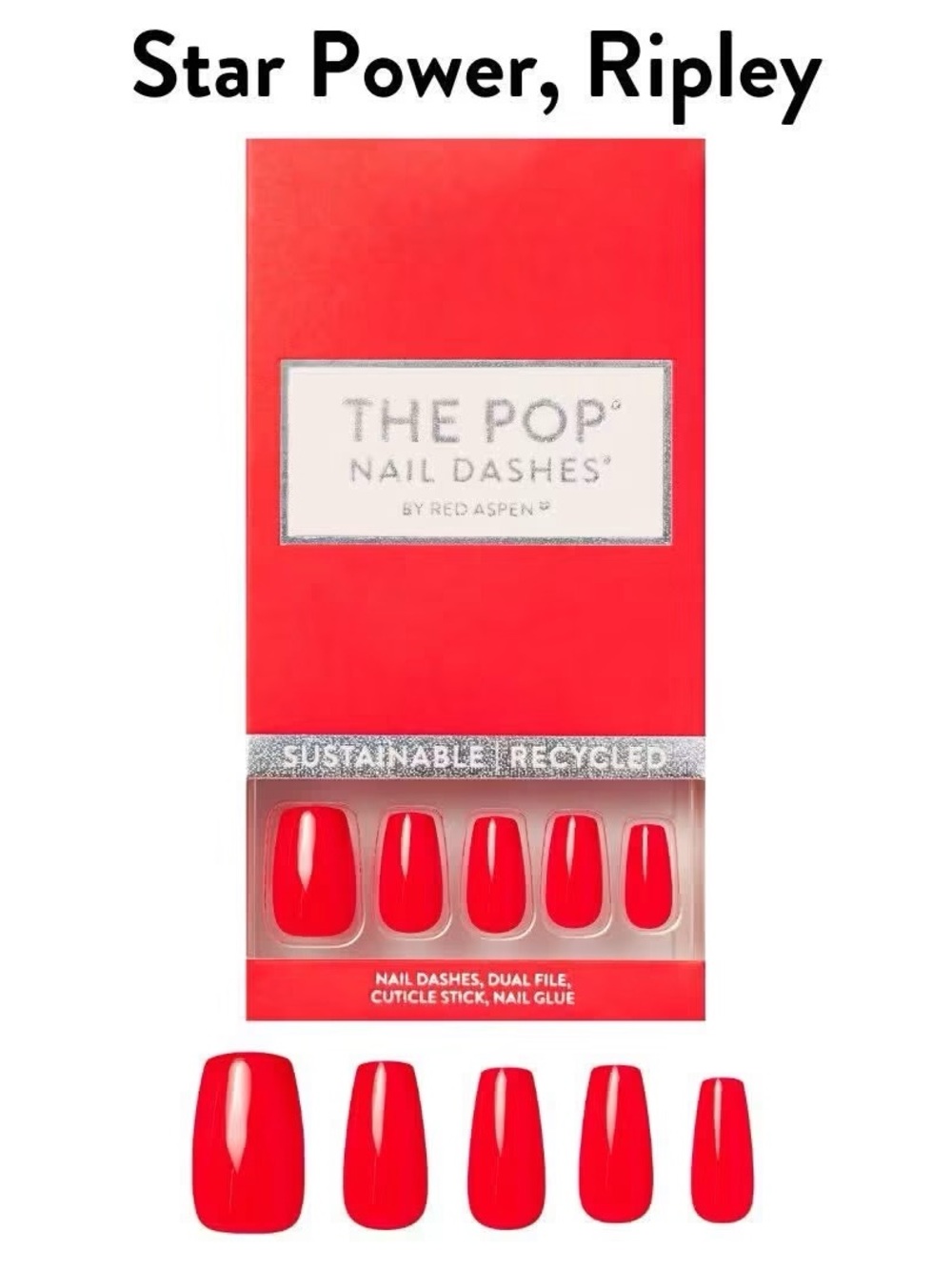 Red Aspen Star Power Ripley Medium Coffin Red Press On Nails Nail Dashes